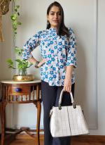 Cotton Sky Blue Casual Wear Printed Readymade Peplum Top